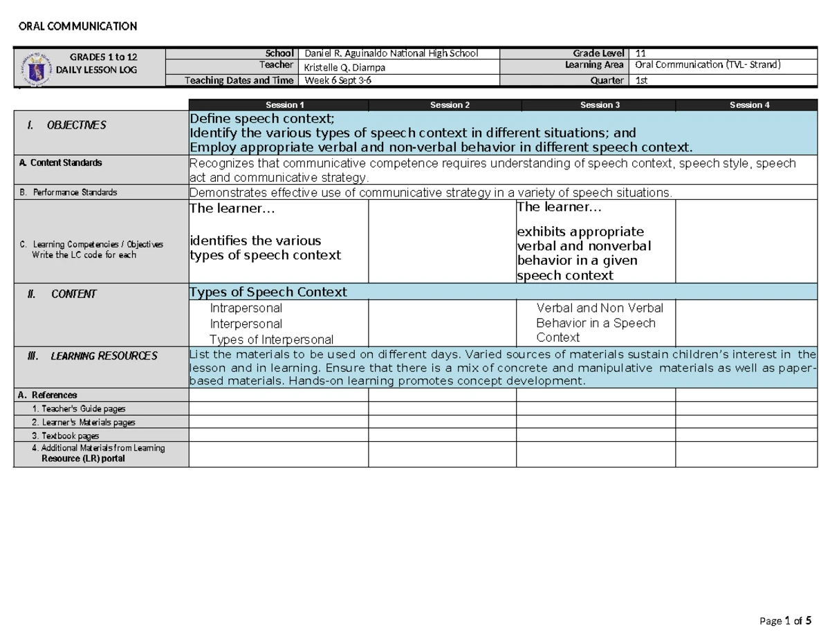 DLL - Week 4 Daily Lesson Log for Oral Communication Grade 11 - Studocu