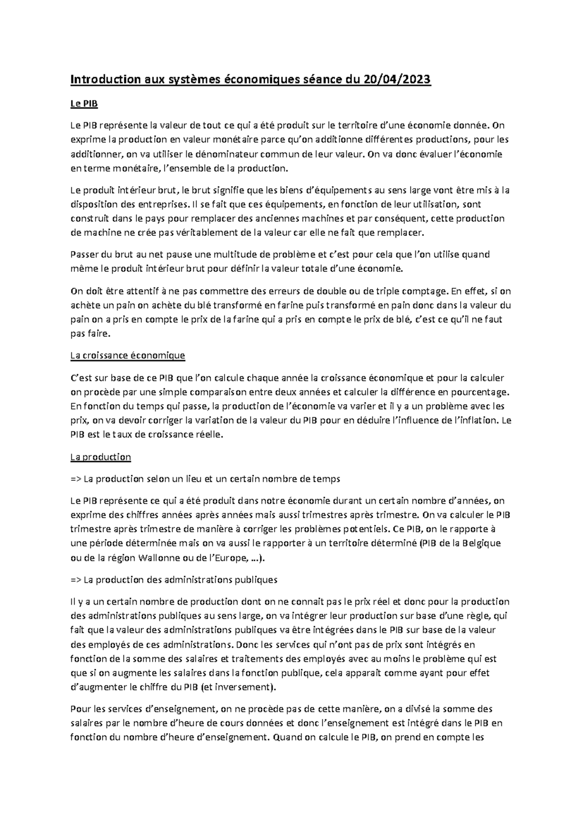 Introduction aux systèmes économiques - Séance sur le PIB et la ...