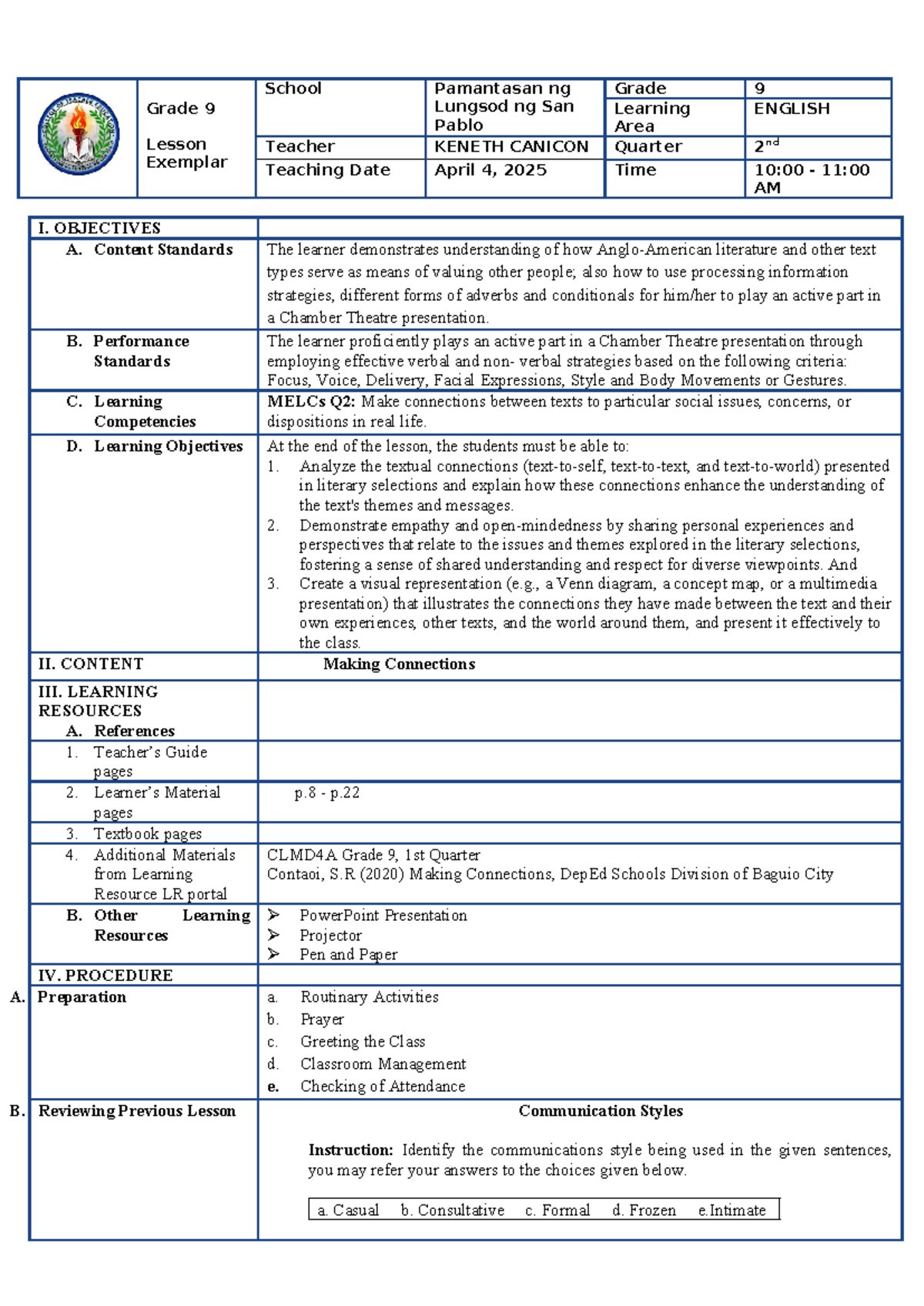 Grade 9 English Lesson Exemplar: Making Connections in Literature - Studocu