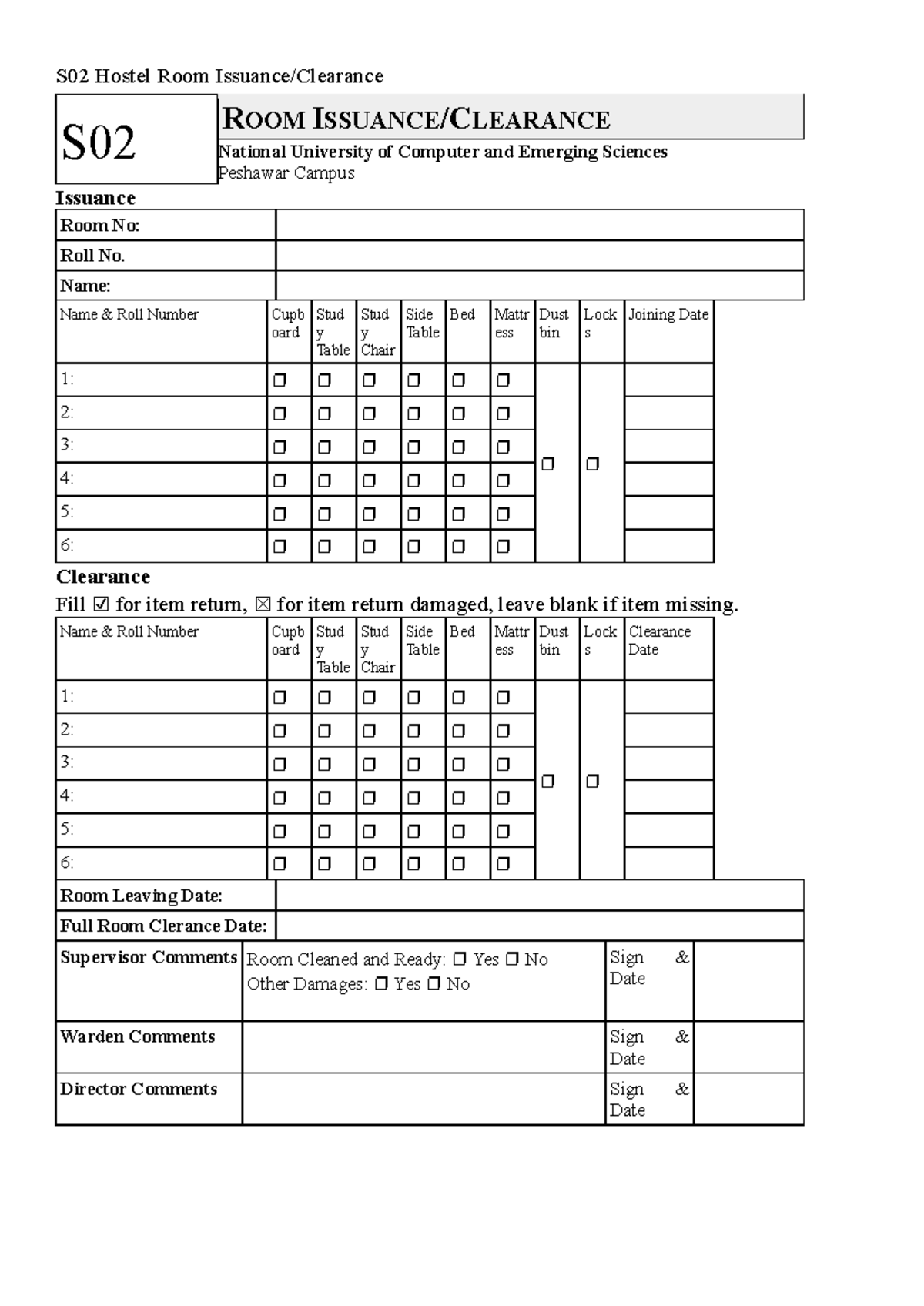 S02 Hostel Room Issuance Clearance Form - National University - Studocu