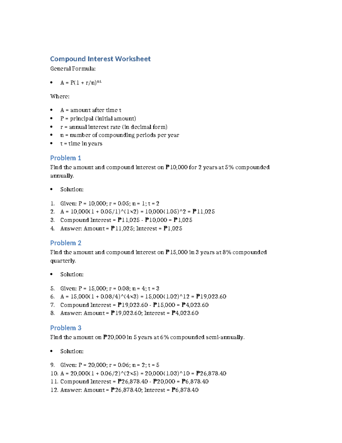 Compound Interest Worksheet with Solutions: General Formula - Studocu