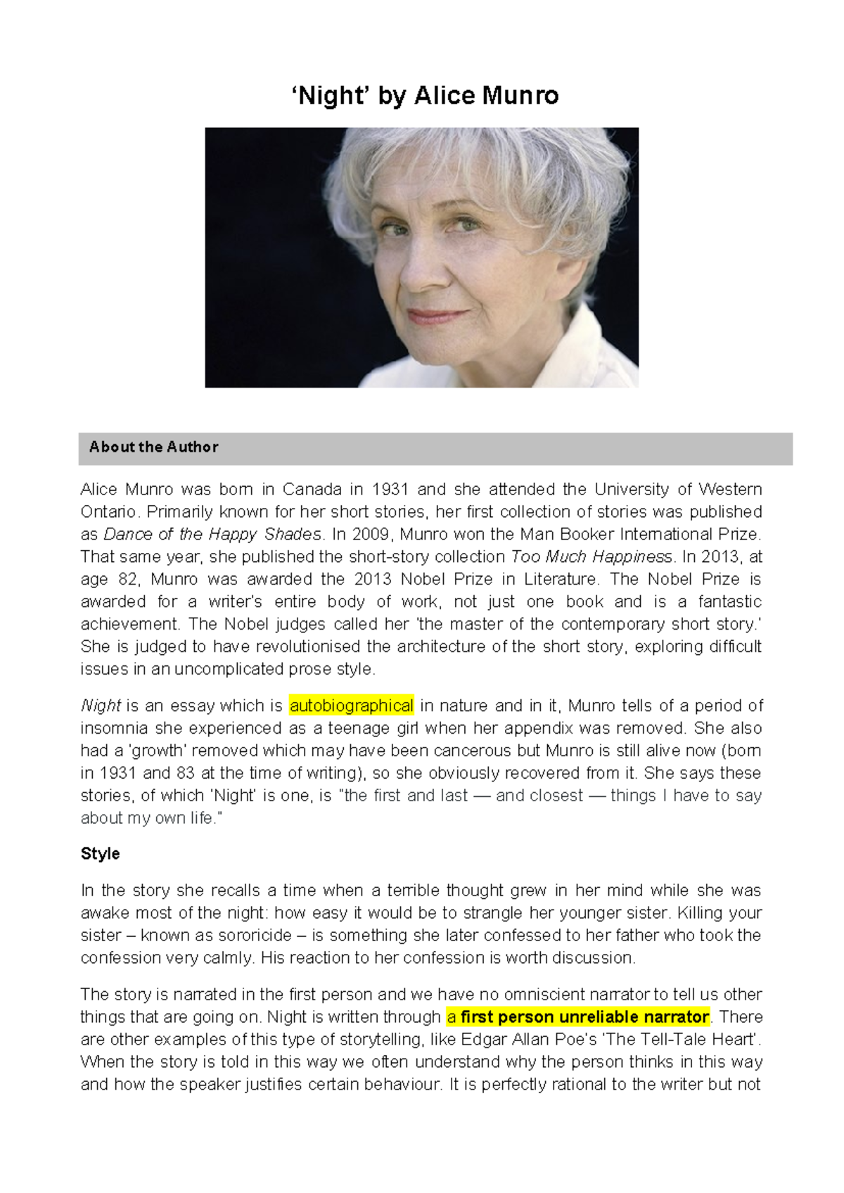 Alice Munro’s 'Night': Autobiographical Insights and Analysis - Studocu