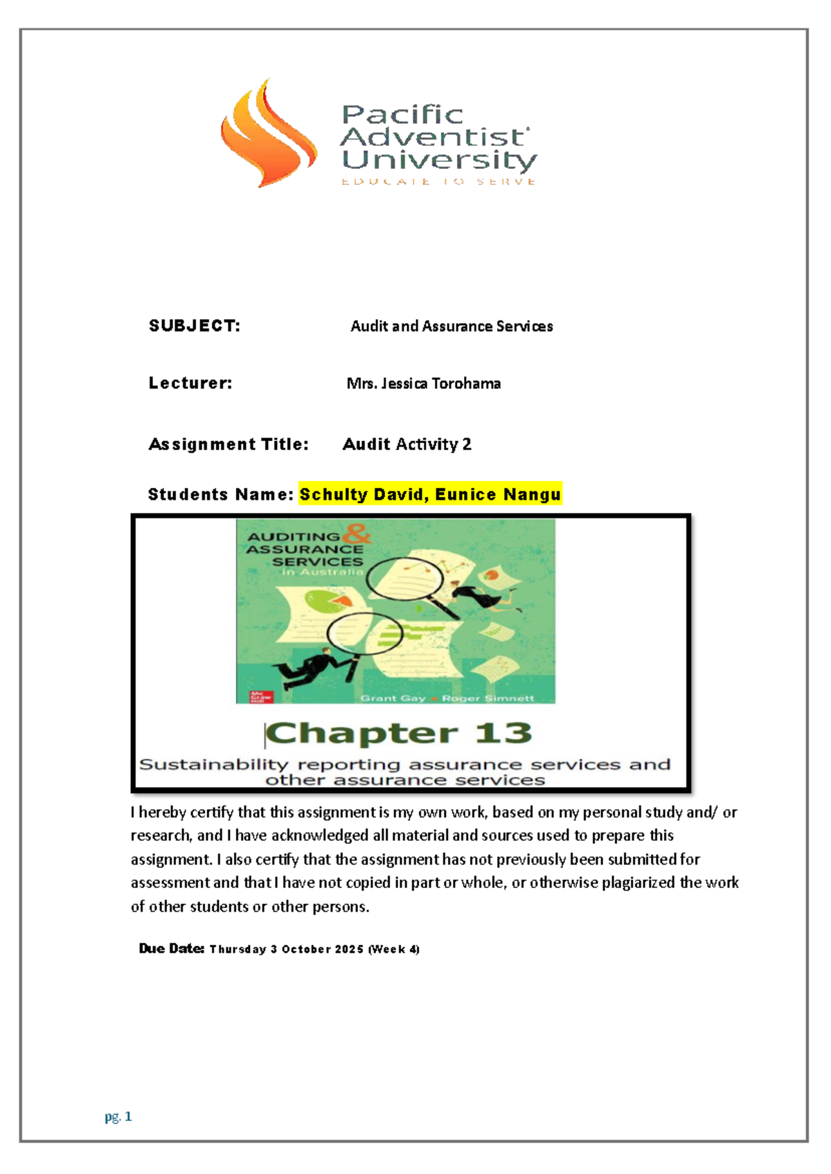Audit and Assurance Services: Chapter 13 Activity Insights - Studocu