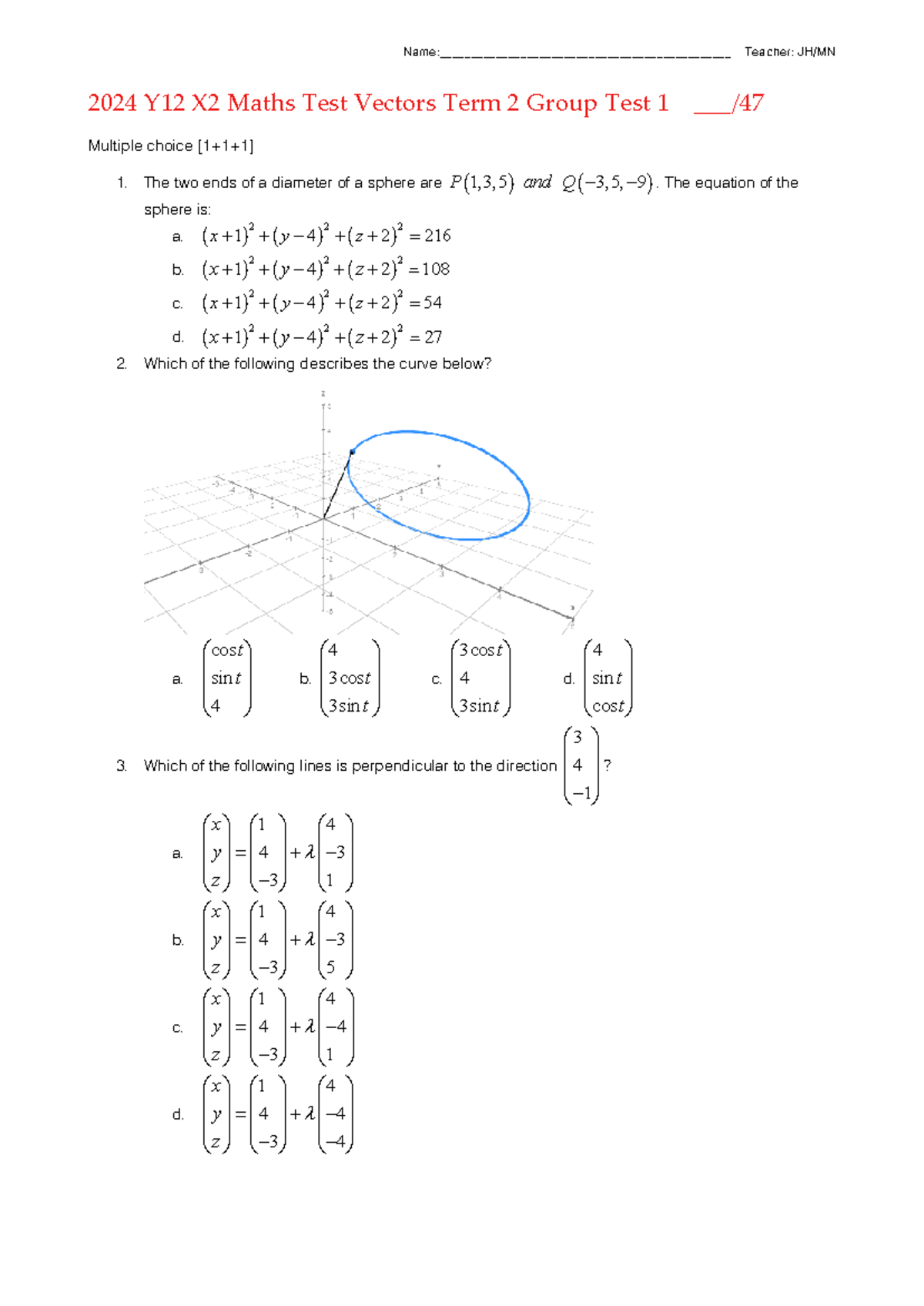 2024 Y12 X2 Maths Term 2 Vectors Test with Solutions - Studocu