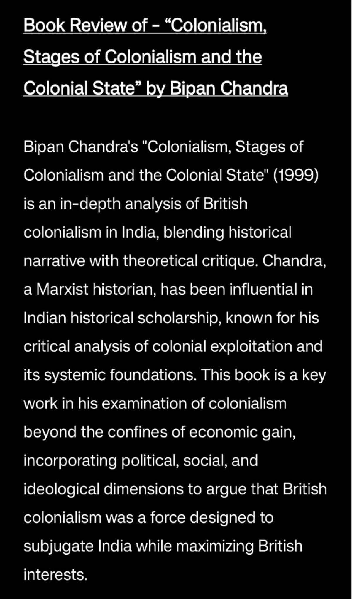 Book Review - Summary of Bipan Chandra's Colonialism Analysis - Studocu