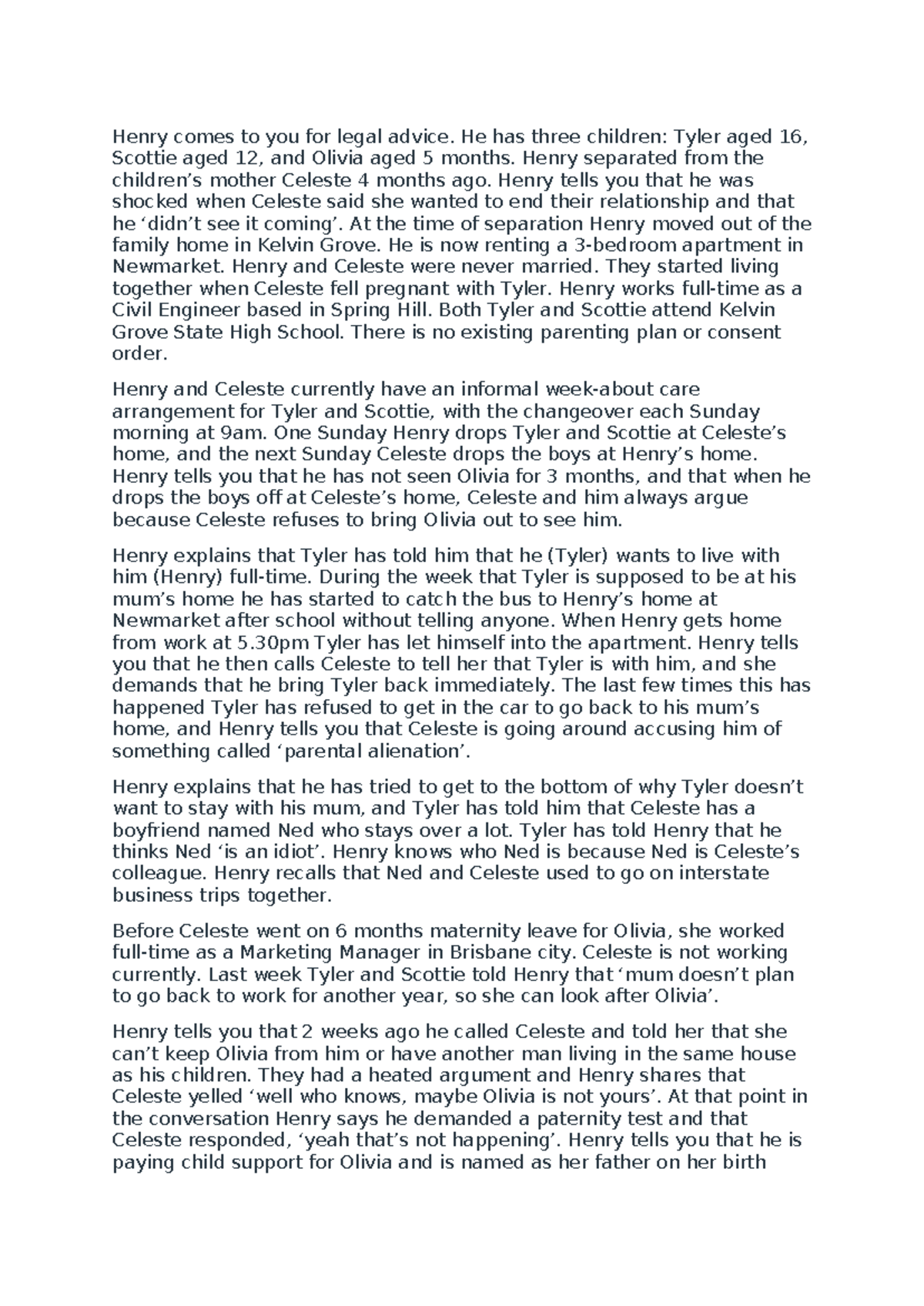 Legal Case Scenario: Henry's Custody and Parenting Challenges - Studocu