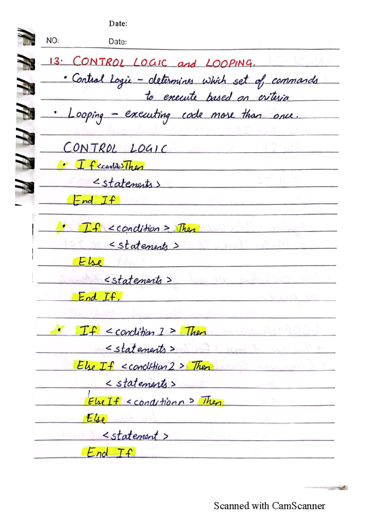 CP212 Week 4 notes - Date: NO: Date: 13. CONTROL LOGIC and LOOPING ...