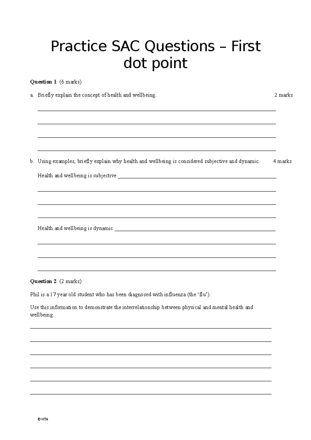 Practice SAC Questions - AOS 1: Health & Wellbeing Concepts - Studocu