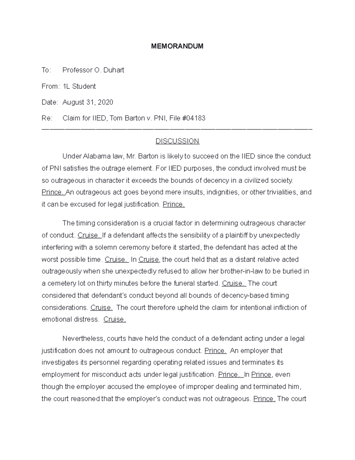 IIED Claim Analysis: Tom Barton v. PNI (Legal Memo) - Studocu