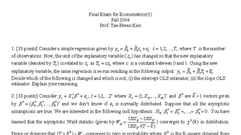 Final Exam for Econometrics (1) - Fall 2014 - Prof. Kim - Studocu