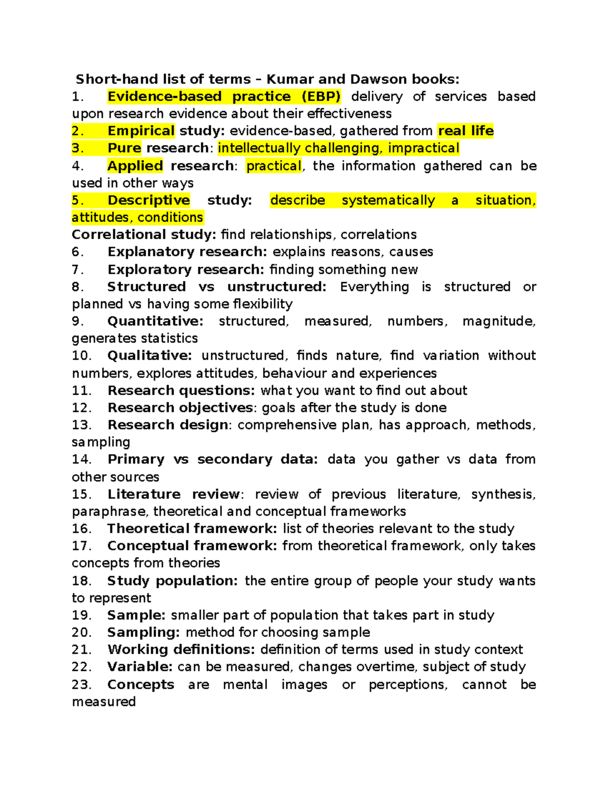 List of Key Research Terms - EBP 101 - Studocu