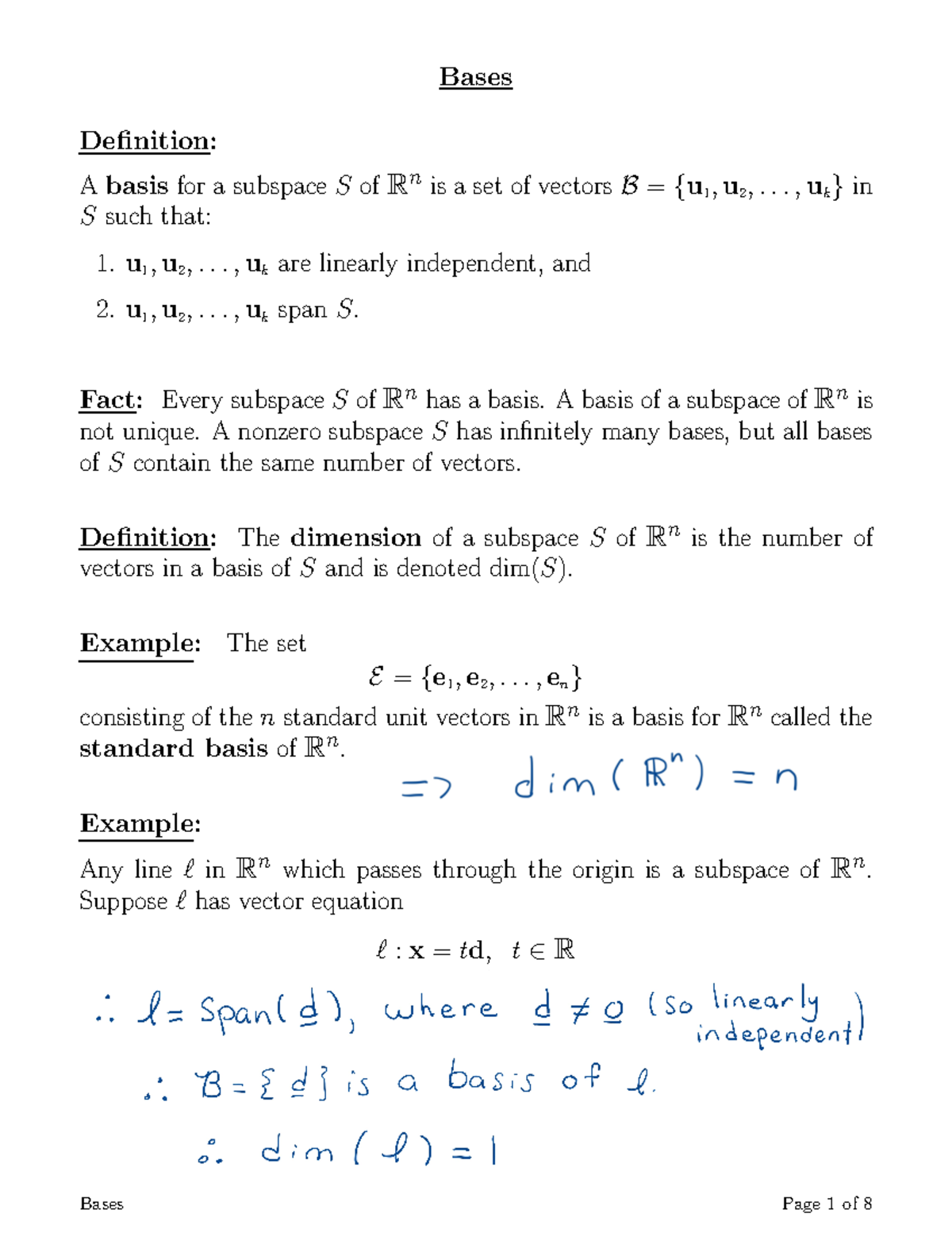 Bases - Bases Definition: A basis for a subspace S of R n is a set of ...
