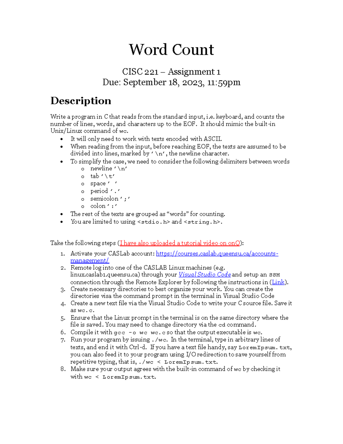 CISC 221 - Assignment 1: Word Count Program Instructions - Studocu