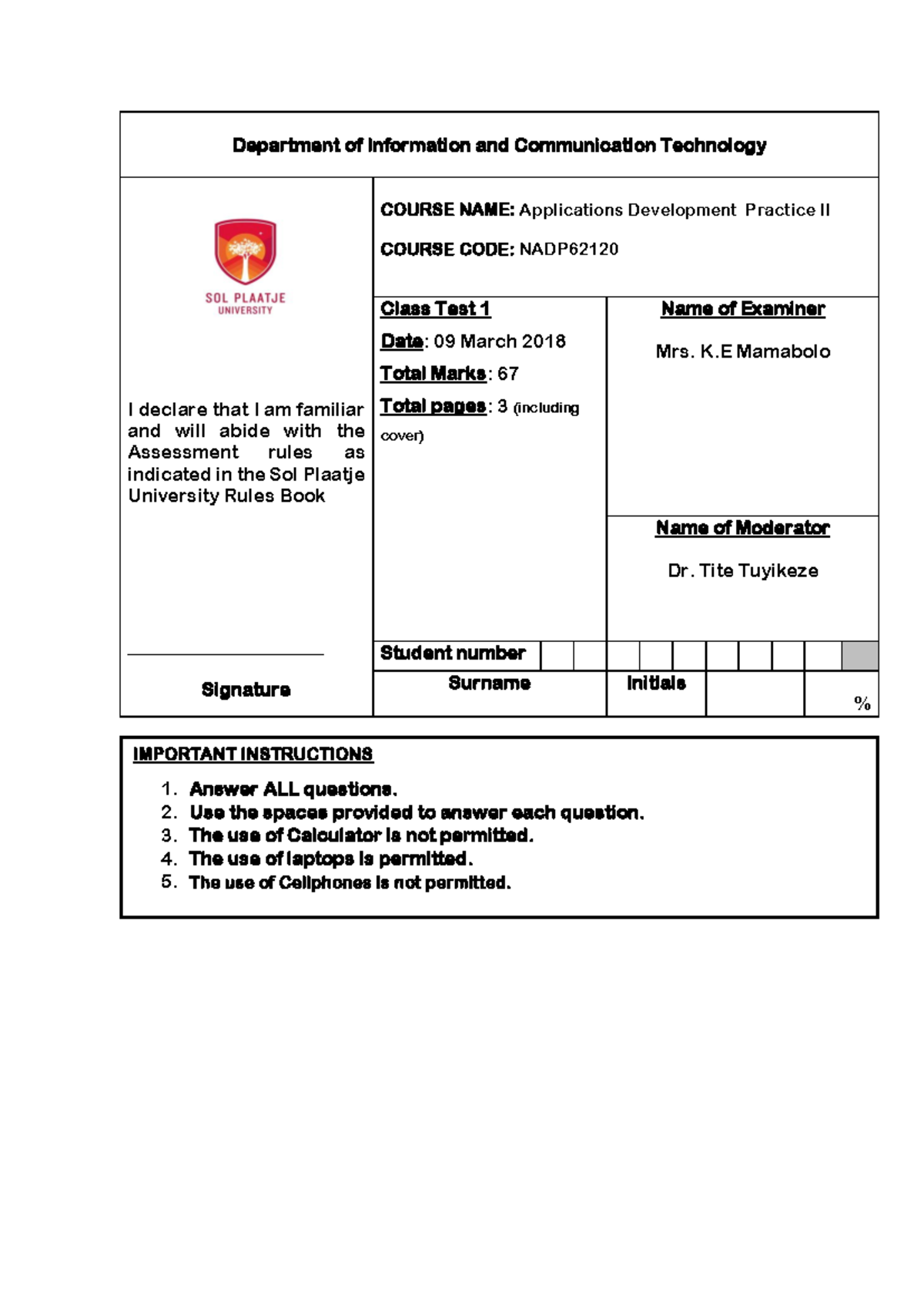 Applications Development Practice II (NADP): Class Test 1 Sample ...