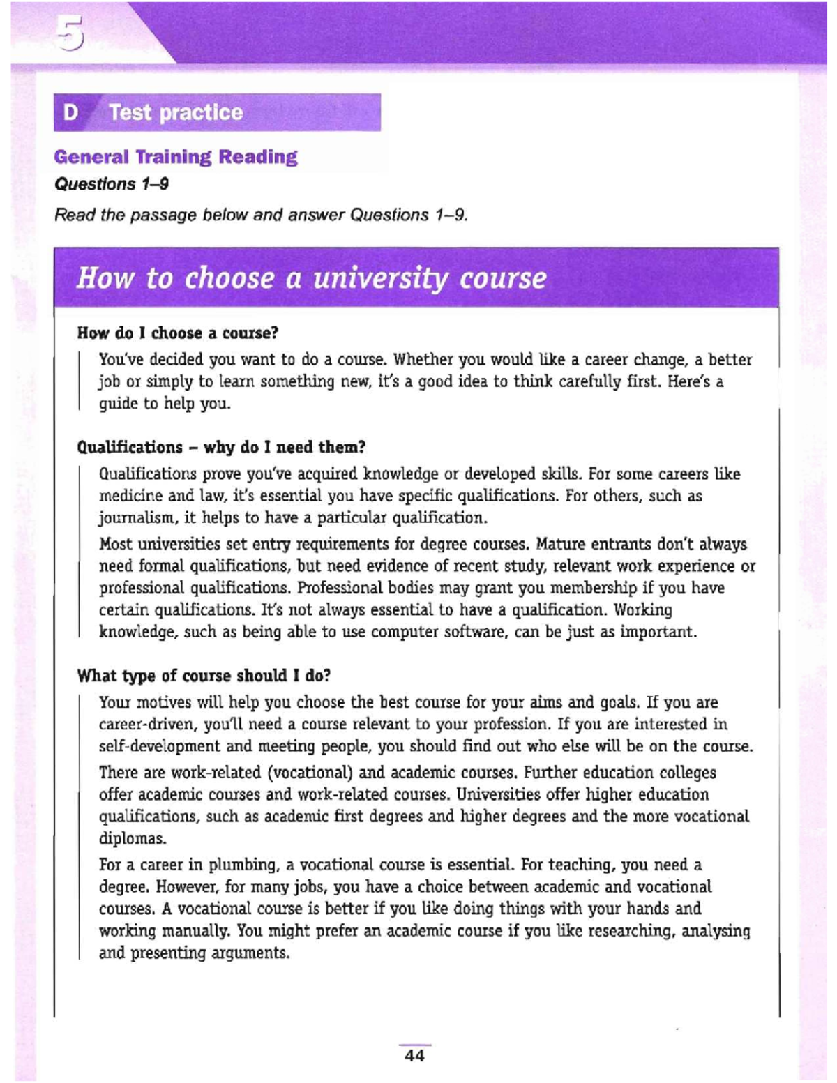 BT - General Training Reading: Choosing a University Course Guide - Studocu