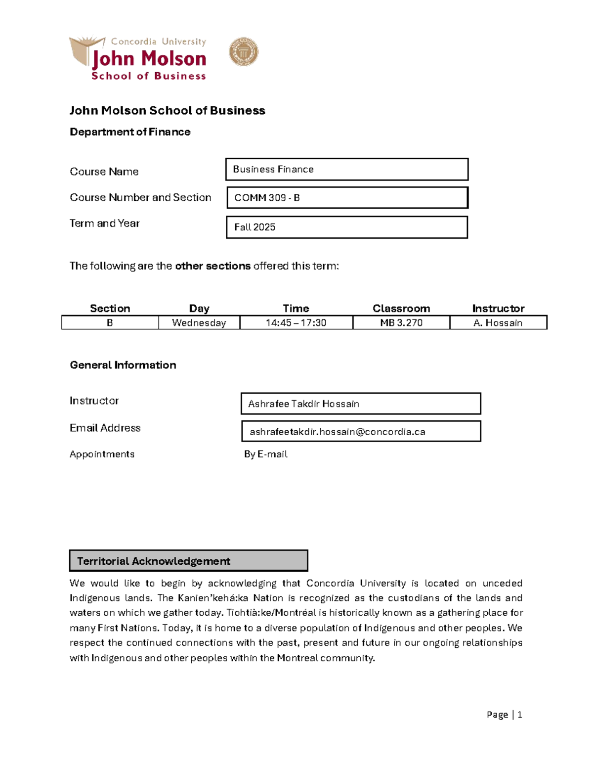 COMM 309 B Course Outline: Business Finance Syllabus - Fall 2025 - Studocu