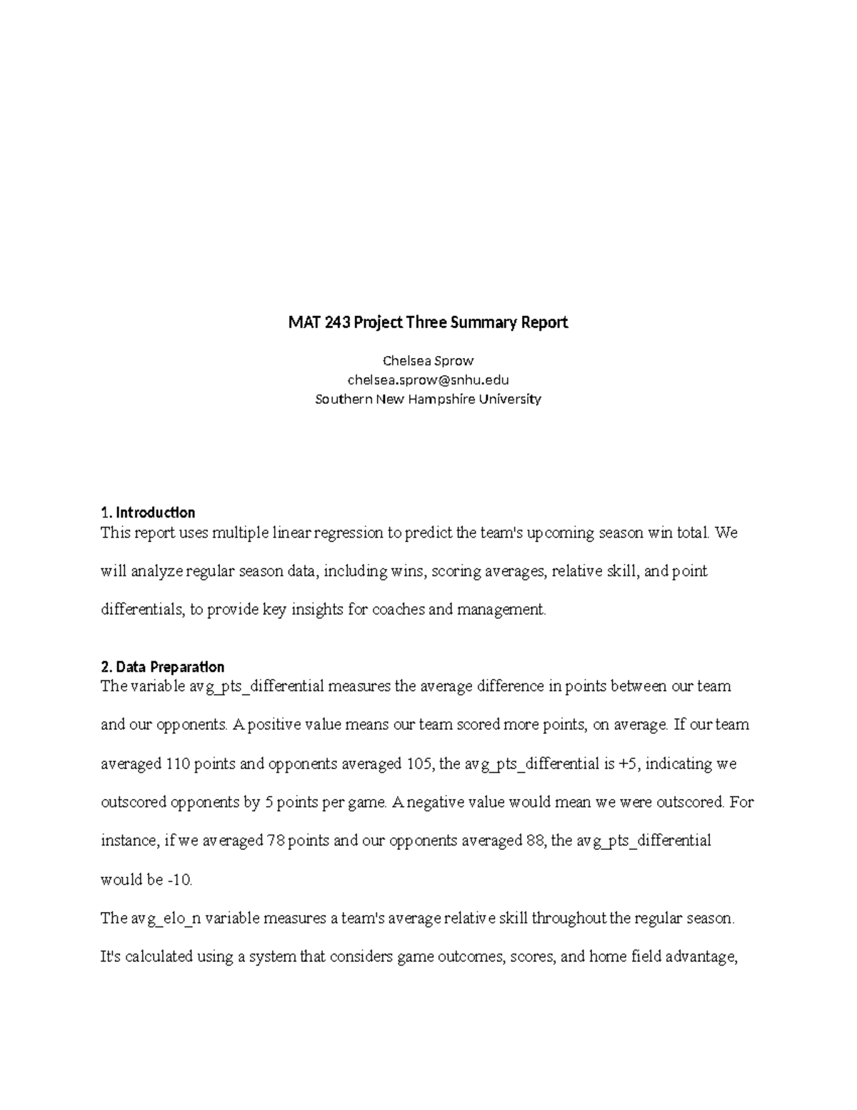 MAT 243 Project Three: Analyzing Predictive Factors for Wins - Studocu