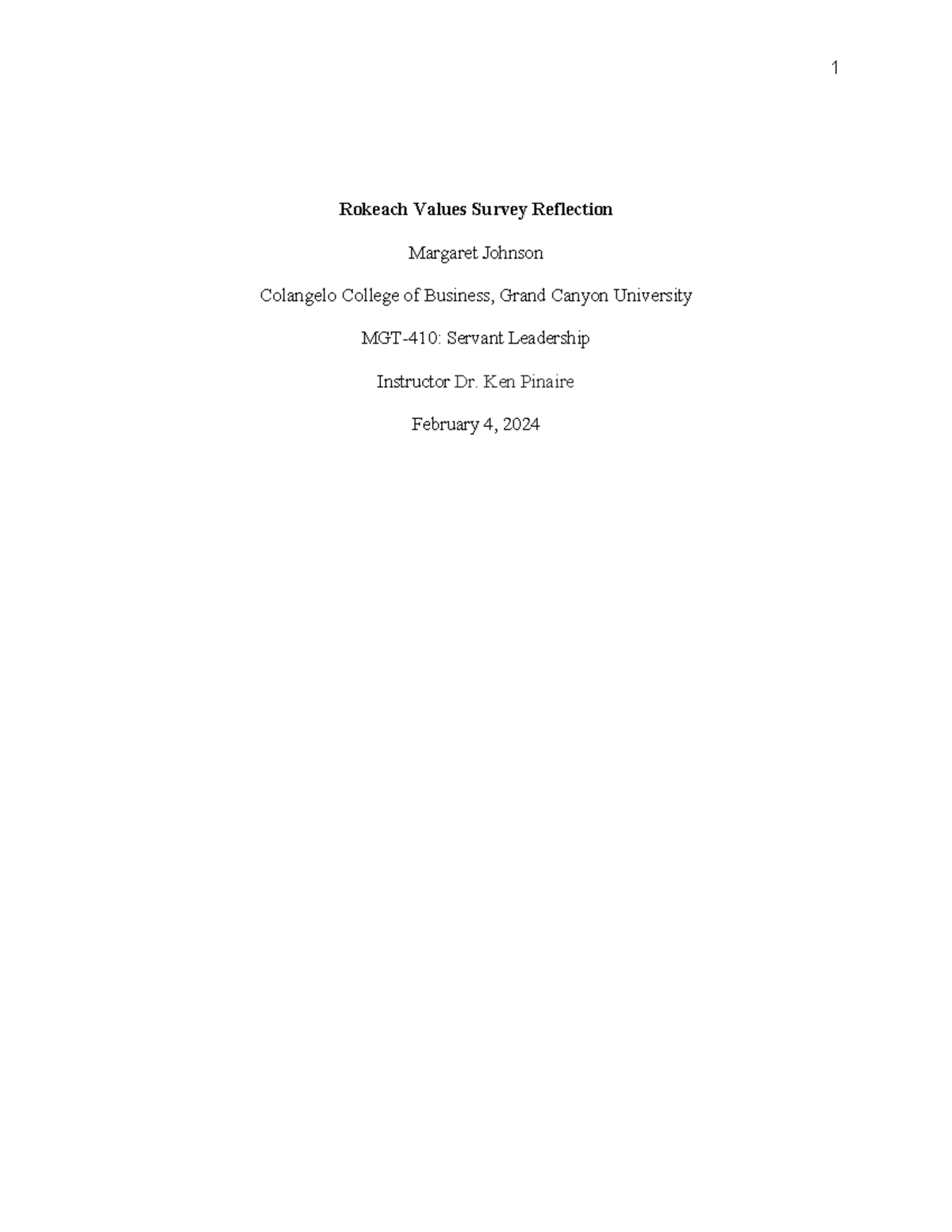 MGT-410 Rokeach Values Survey Reflection and Personal Insights - Studocu