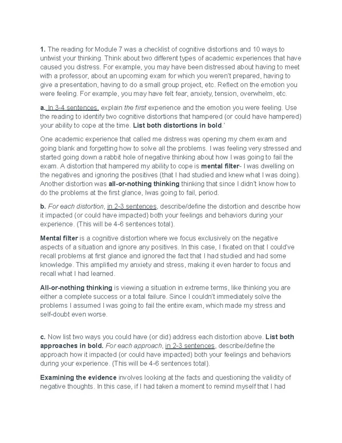 Reflection on Cognitive Distortions in Academic Experiences (Module 7 ...