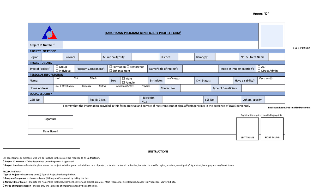 NEW DILP Profile OF BENE FORM - Annex “D” KABUHAYAN PROGRAM BENEFICIARY ...