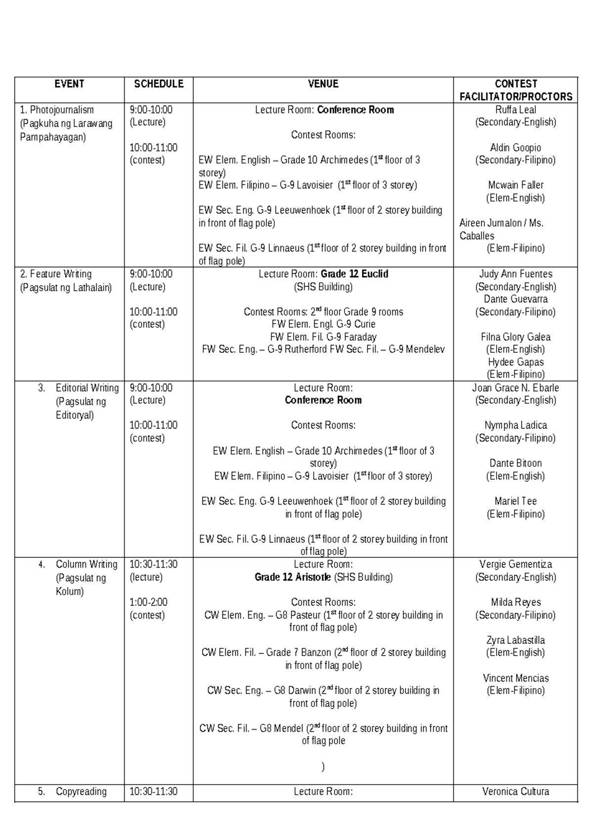 Program-2-1 - for info - EVENT SCHEDULE VENUE CONTEST FACILITATOR ...