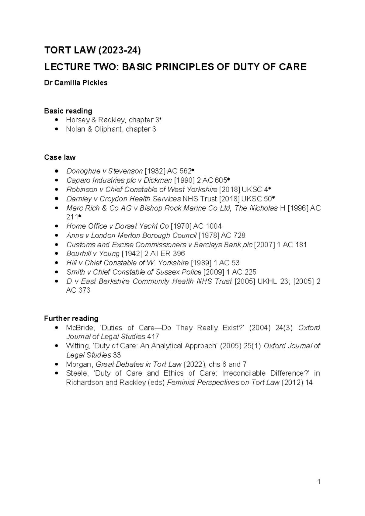 L2 - Duty of Care - basic notes on the duty of care within tort - TORT ...