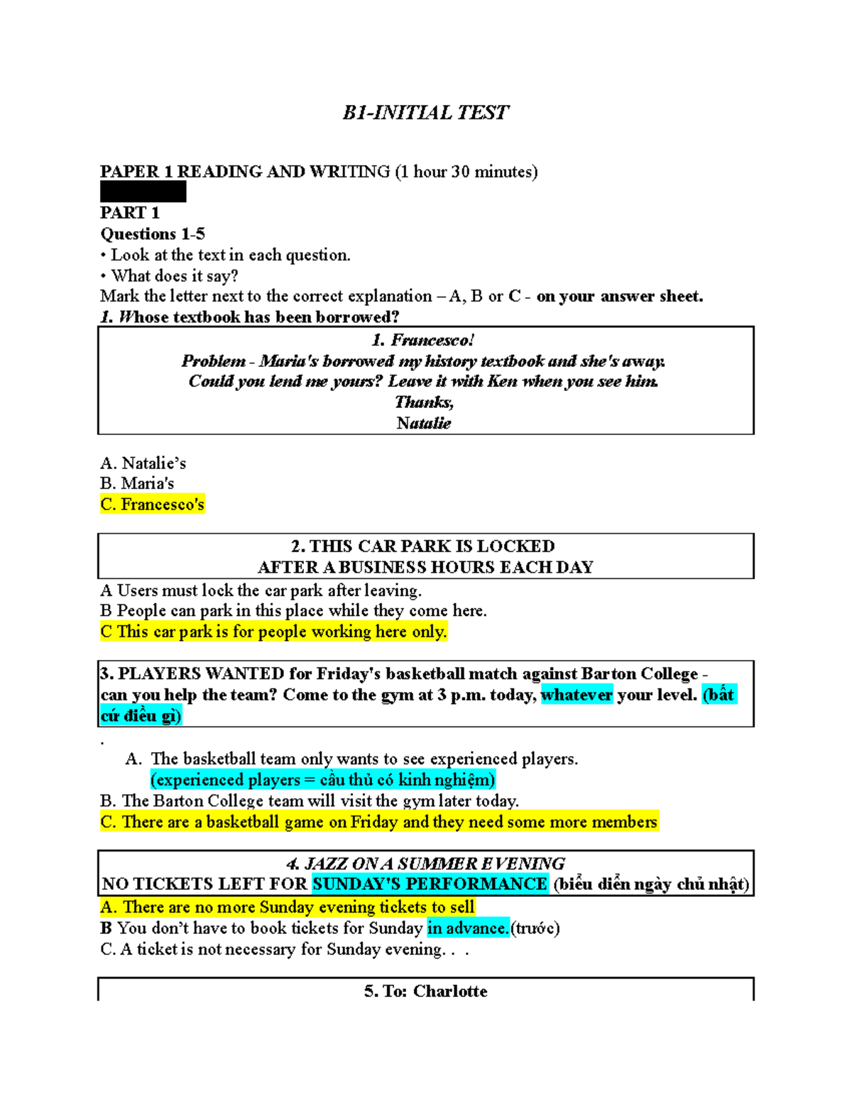 B1 - Initial Test Reading and Writing Practice Questions - Studocu