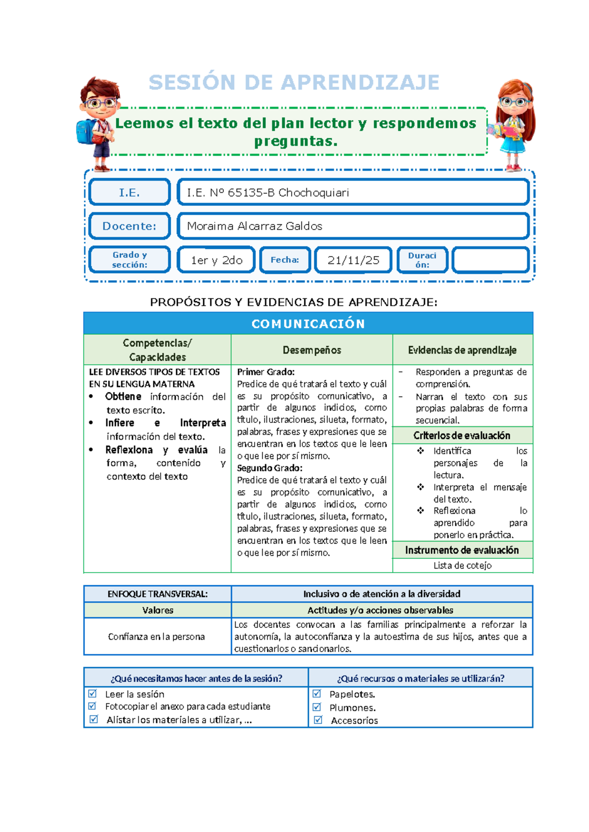 SESION DE APRENDIZAJE: Lectura y Comprensión del Plan Lector - 1er y ...