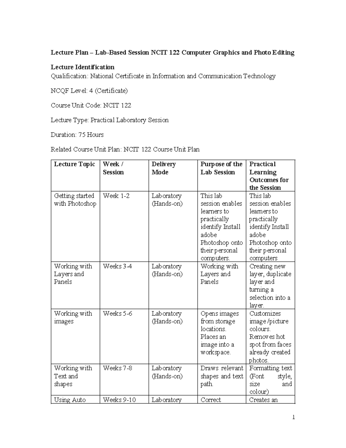 NCIT 122 Computer Graphics & Photo Editing Lab Session Plan - Studocu