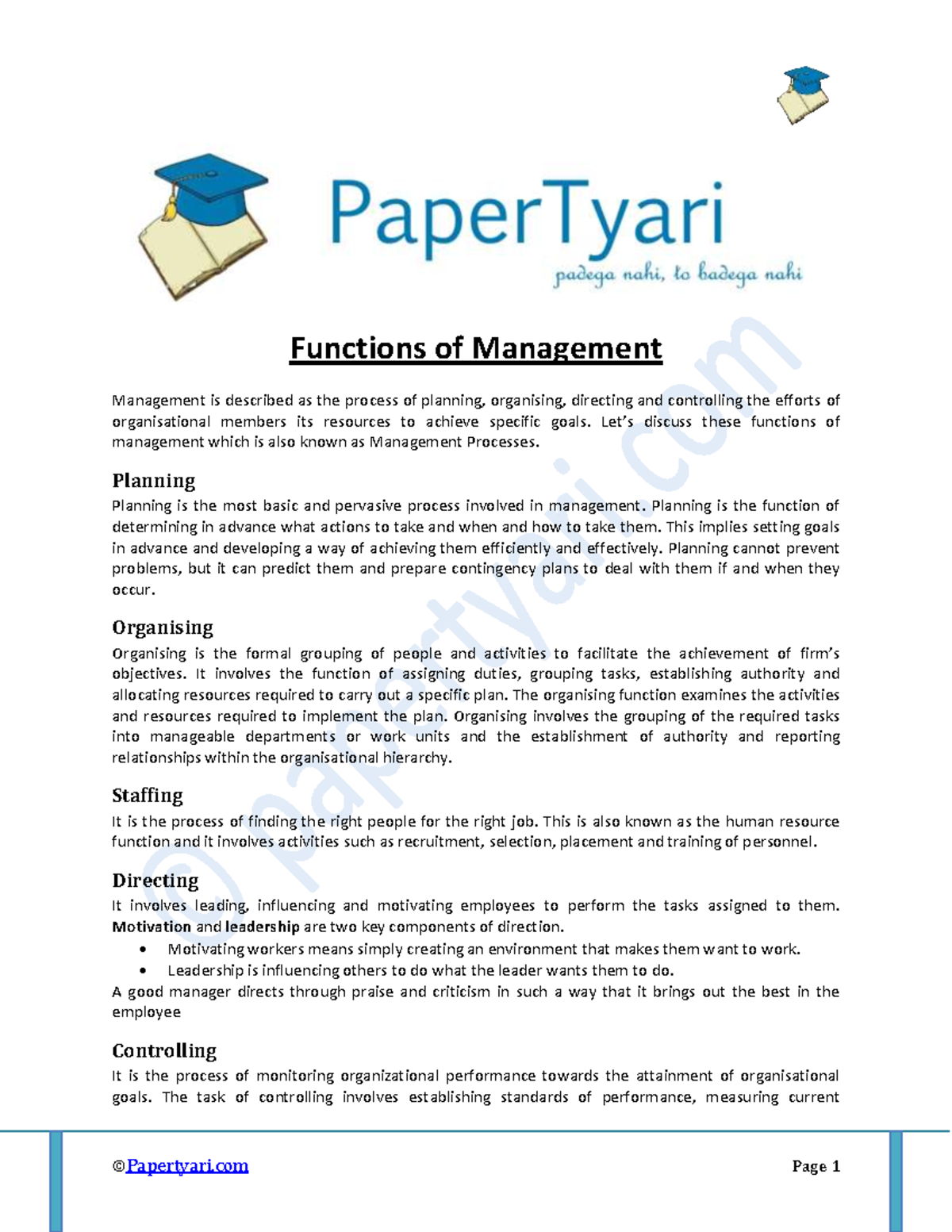 Functions of Management Overview - Management 101 Notes - Studocu