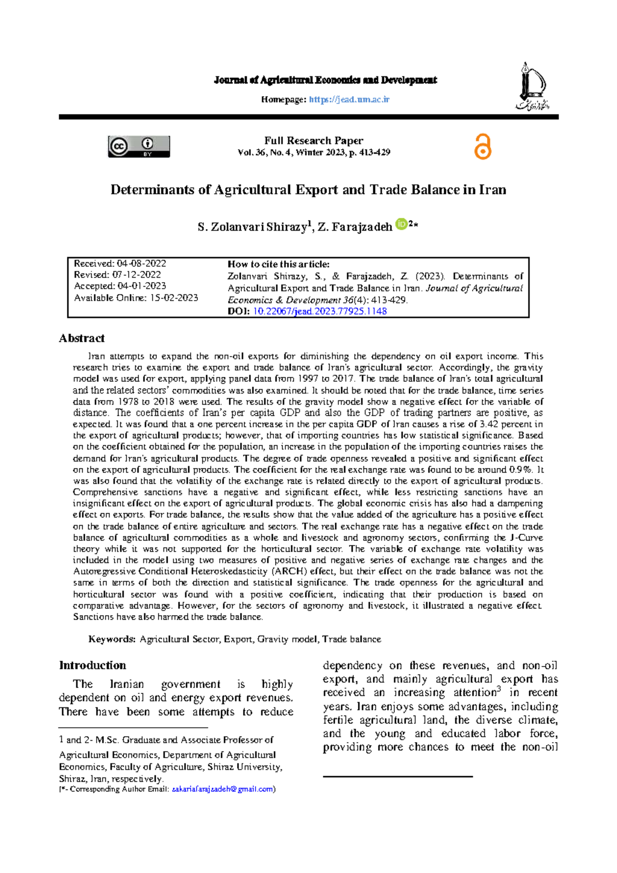 Determinants of Agricultural Export and Trade Balance - 36, No. 4 ...