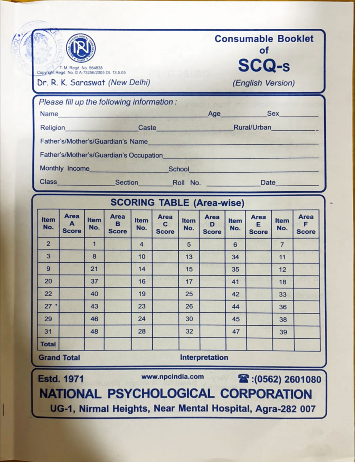 SCQ Consumable Booklet: Self Concept Questionnaire Insights - Studocu