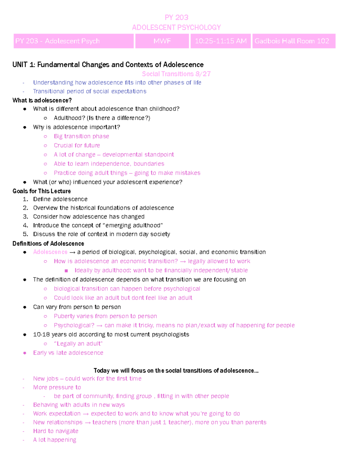 PY 203 Adolescent Psychology: Key Concepts in Developmental Changes ...