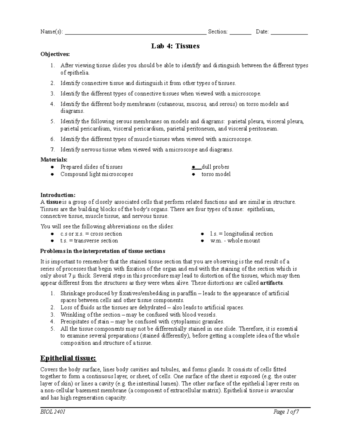 Lab 4: Tissues Identification and Functions (BIOL 2401) - Studocu