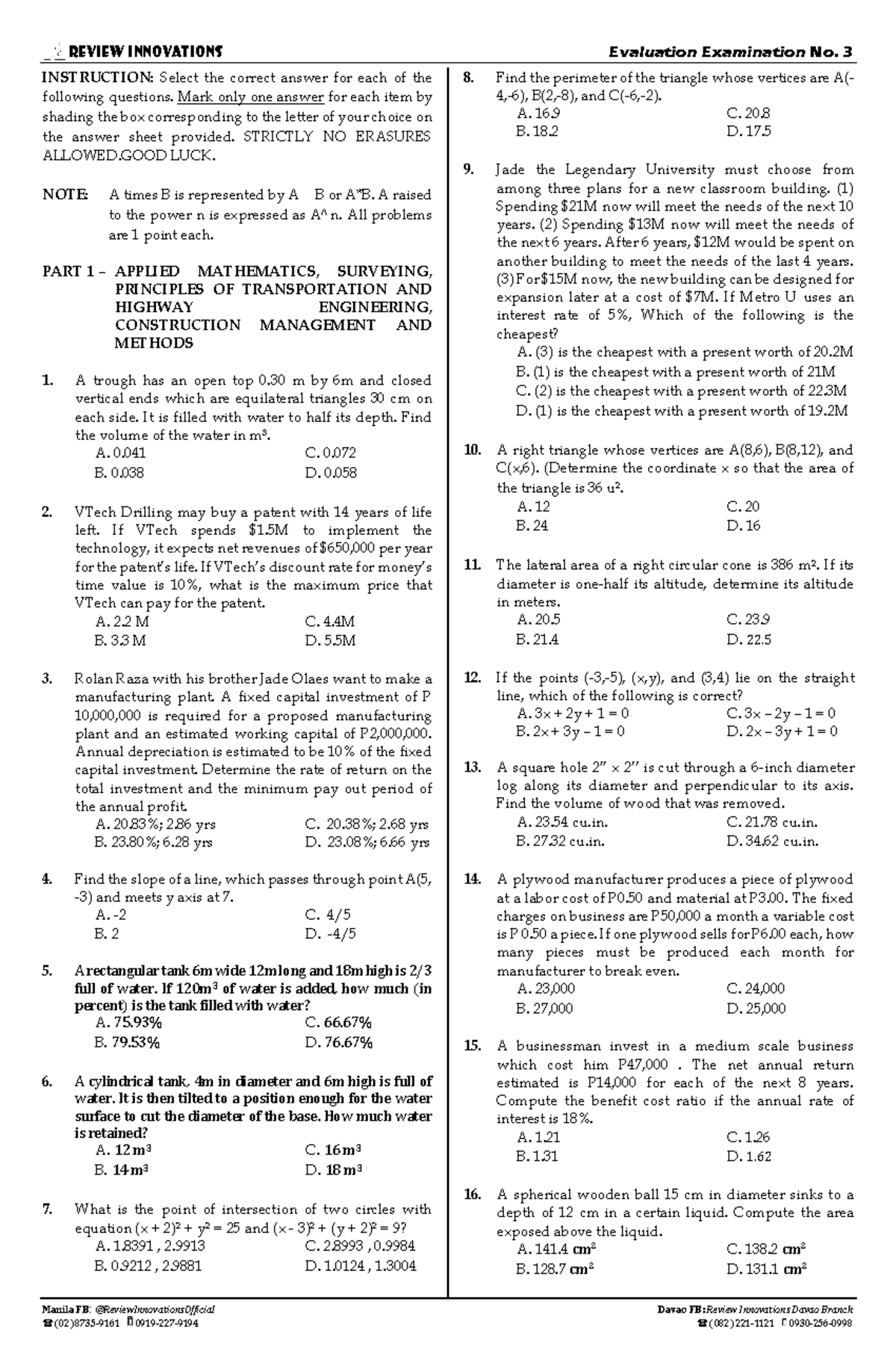 Evaluation Examination No. 3 Review Innovations in Applied Mathematics ...