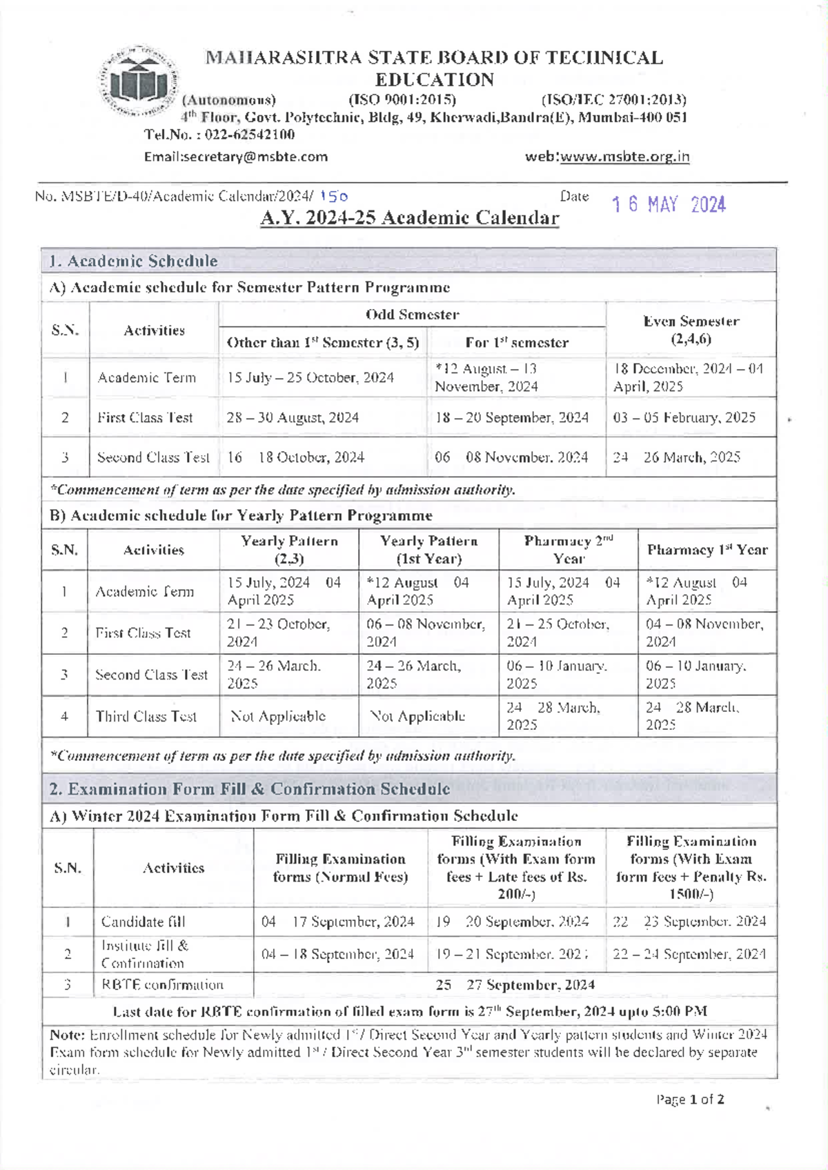 MsbteAcademiccalendar 202425 MAHARASHTRA STATE BOARD OF TECHNICAL