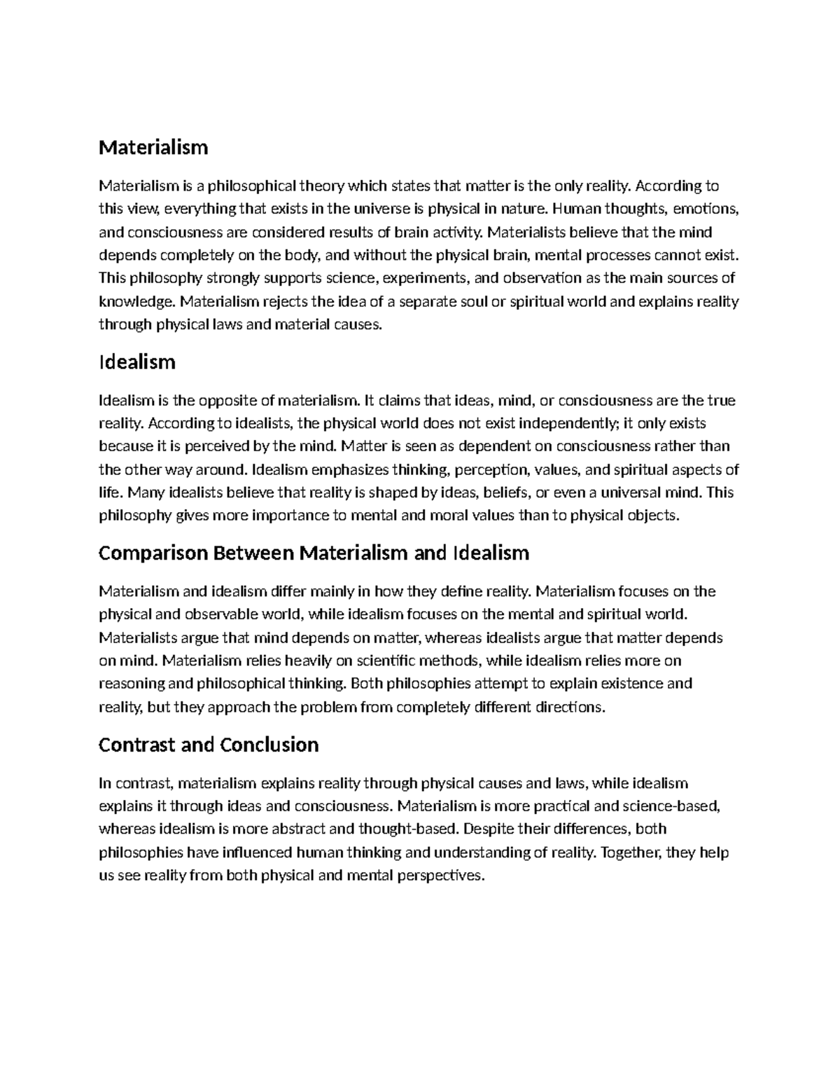 Materialism vs. Idealism: A Philosophical Comparison - Studocu