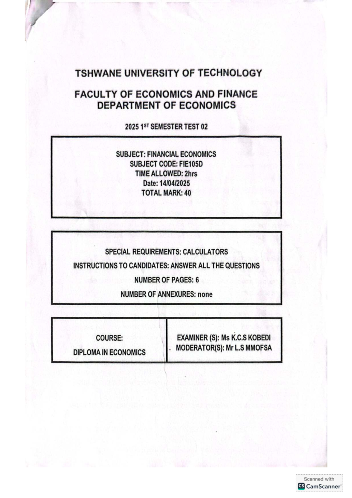 FIE105D Financial Economics 1st Semester Test 2025 - Studocu