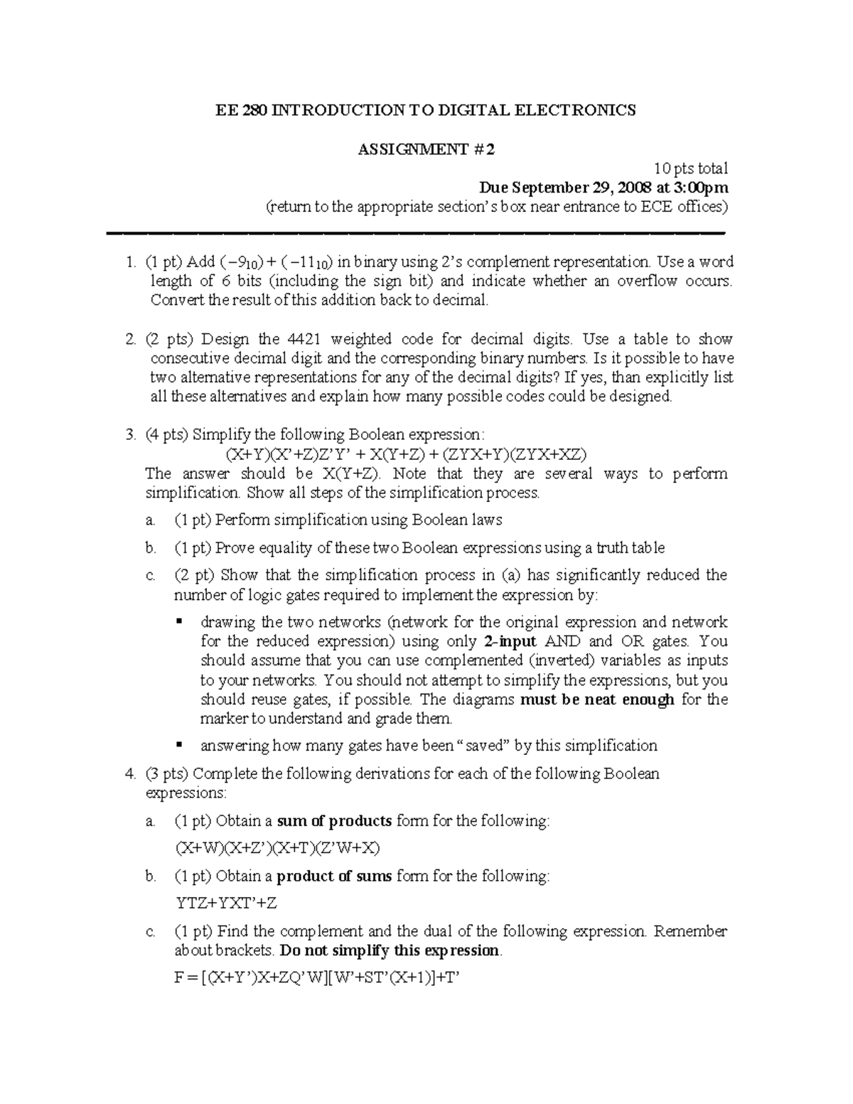 Assignment 2INTRO TO DIGITAL LOGIC DESIGN - EE 280 INTRODUCTION TO ...