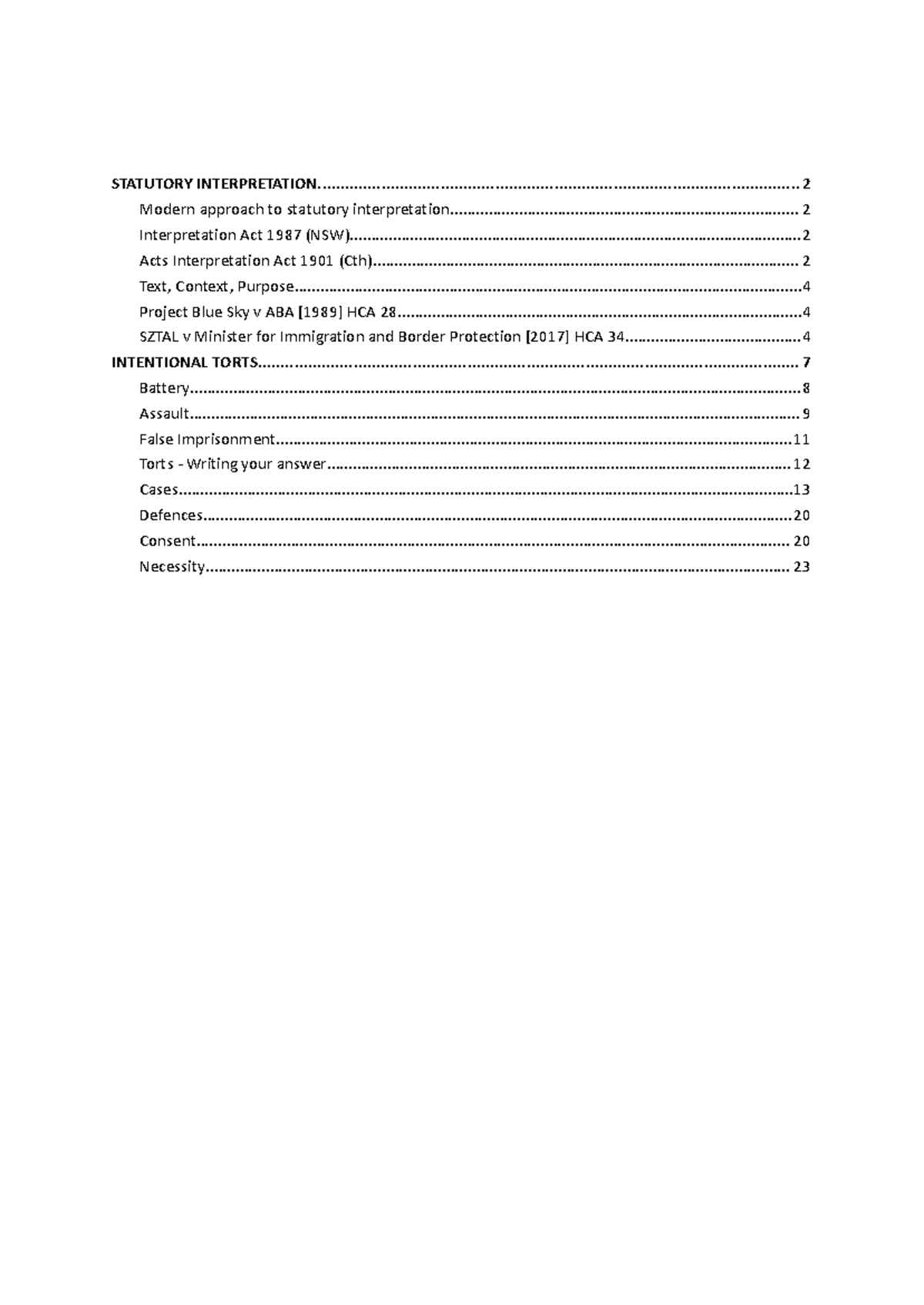 LAWS1052 Final Exam Notes: Statutory Interpretation & Intentional Torts ...
