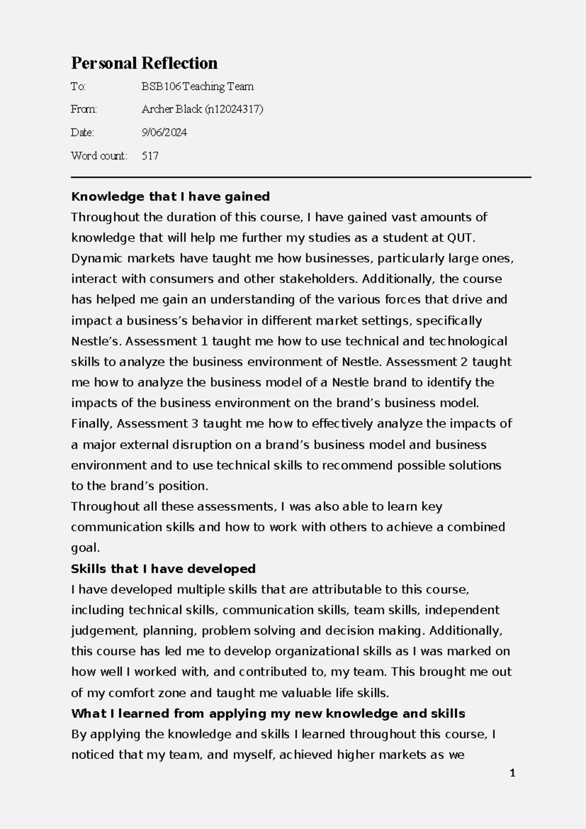 BSB106 Assignment 3 Reflection: Personal Growth and Skills Development ...
