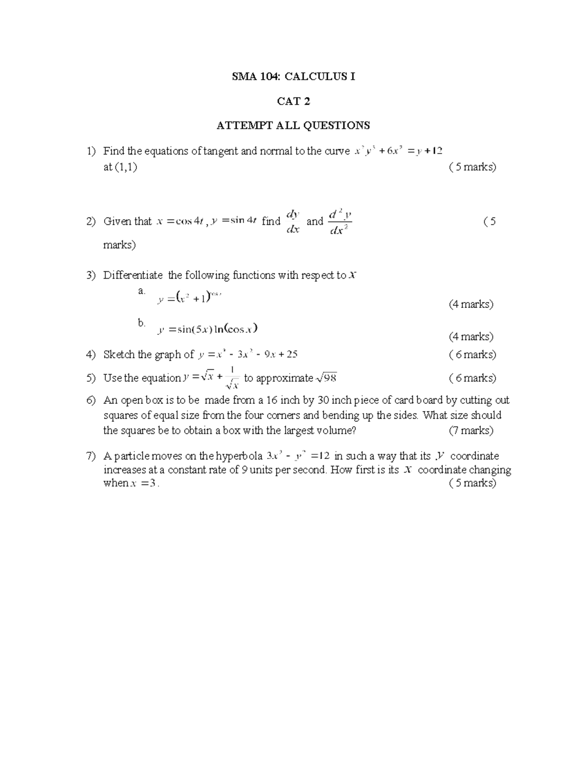 SMA 104 CAT 2: Calculus I Questions and Solutions - March 2023 - Studocu