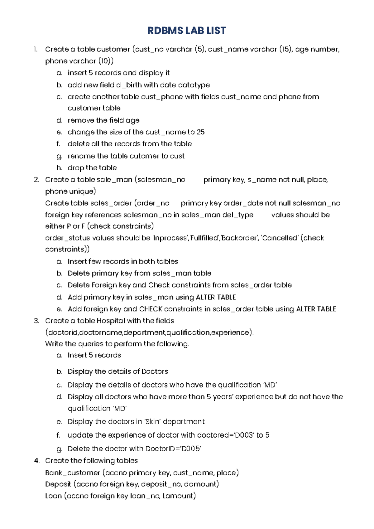 RDBMS Lab Exercises 15PR - Practical SQL Programs and Queries - Studocu