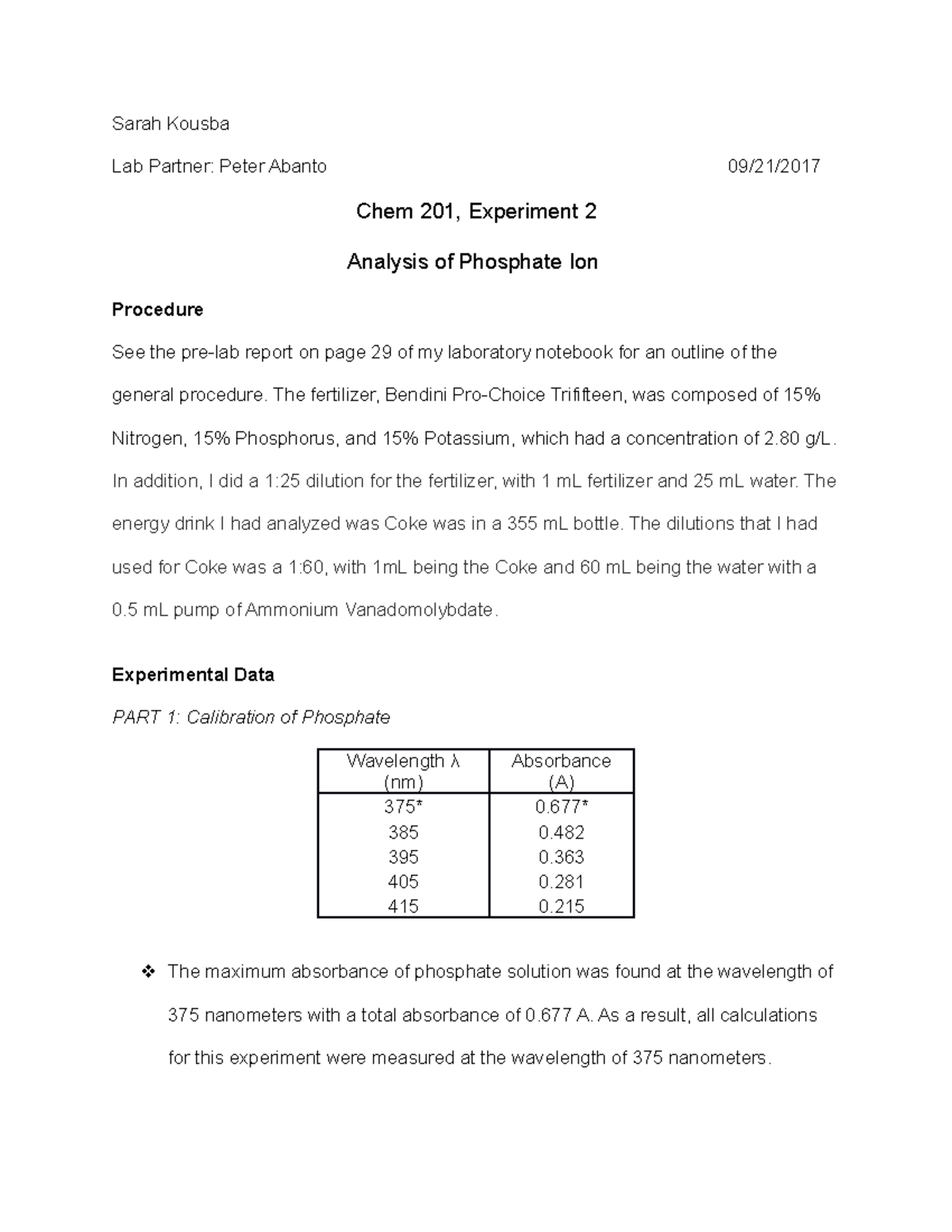 Chem 201, Lab Report #2: Analyzing Phosphate in Fertilizers & Coke ...