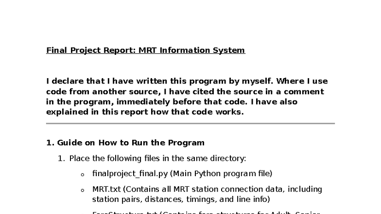 Final Project Report: MRT Information System (CS101) - Studocu