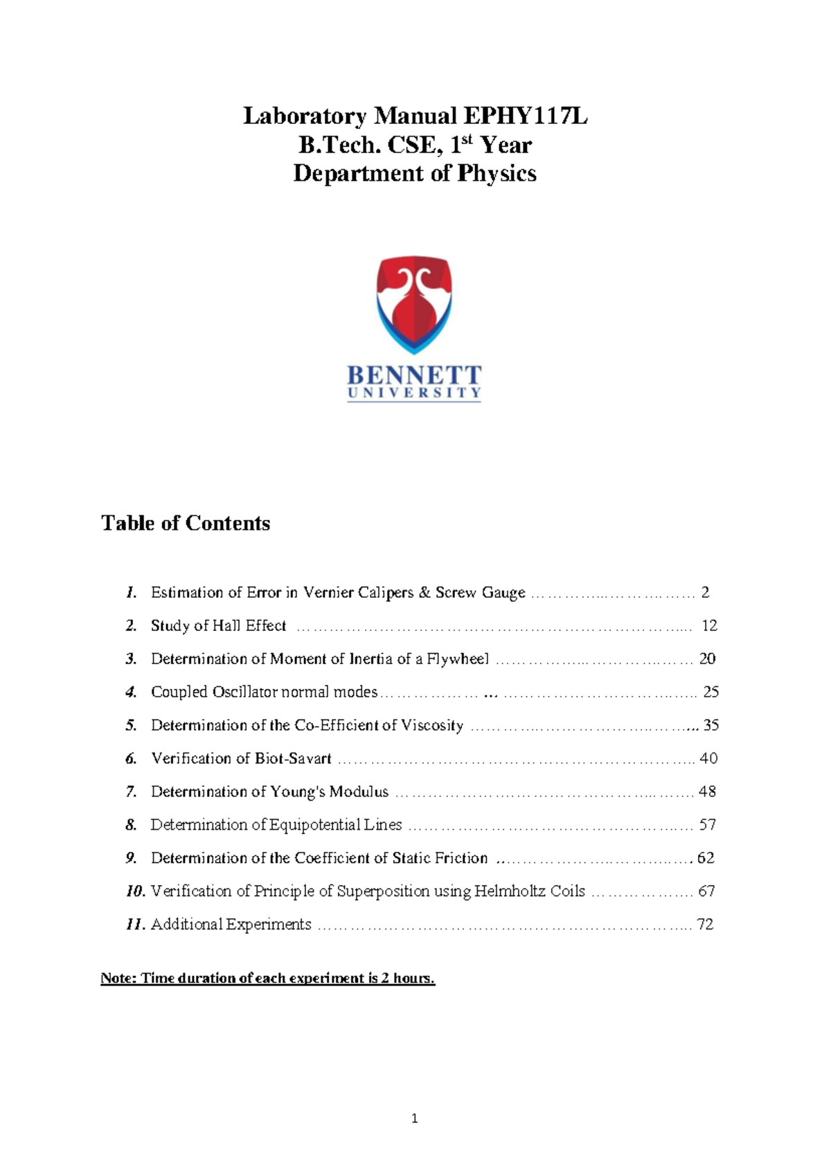 Laboratory Manual EPHY117L: Experiments in Physics for B.Tech. CSE 1st ...