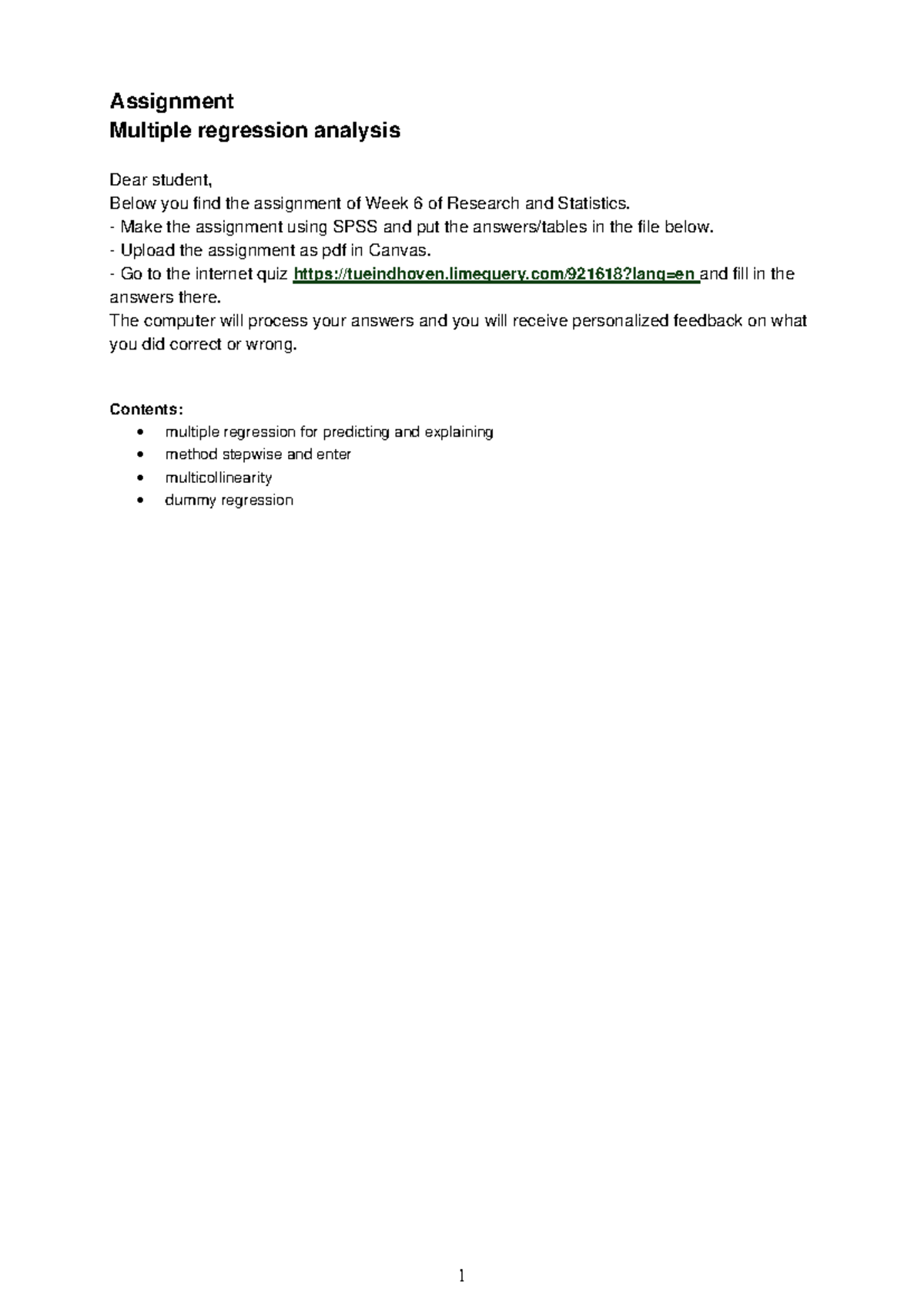 Multiple Regression Analysis Assignment SPSS - Week 6 - Studeersnel