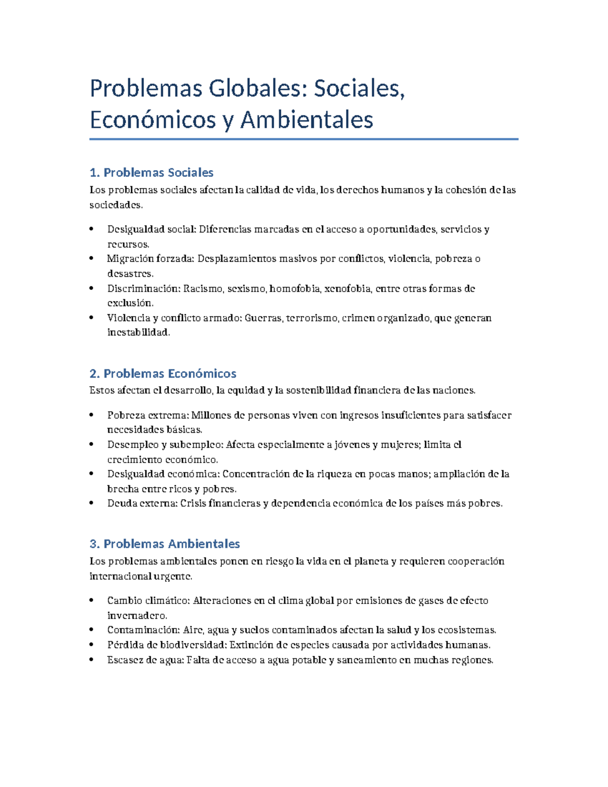 Resumen de Problemas Globales: Sociales, Económicos y Ambientales - Studocu