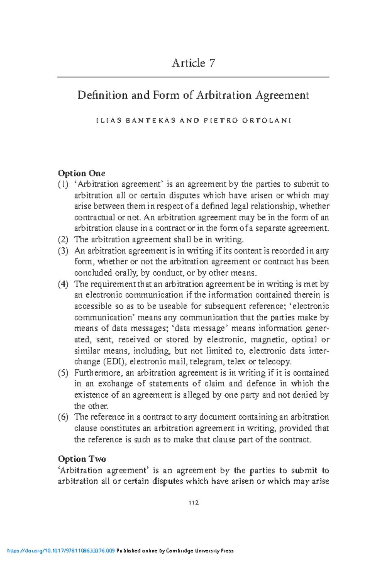 Article 7: Definition and Form of Arbitration Agreement (Option 1 ...