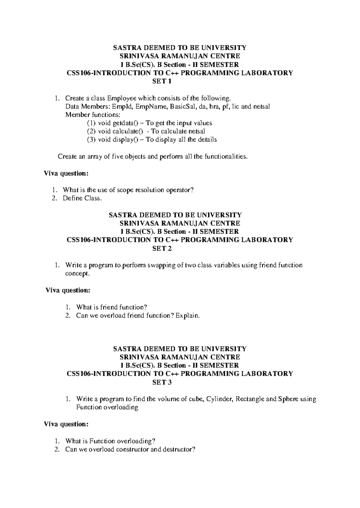 B.Sc(CS) II Sem Programming Lab Sets 1-11: Class Concepts & Functions ...